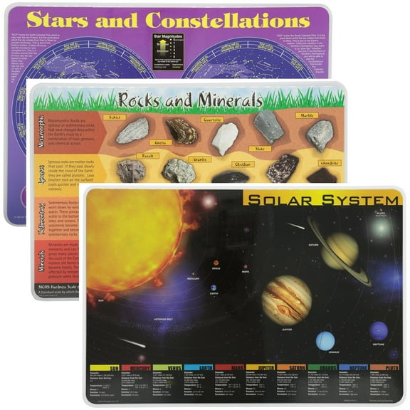 Painless Learning Educational Placemats Sets Solar System, Stars and Constellations, Rocks and Minerals, Placemat Non Slip Washable