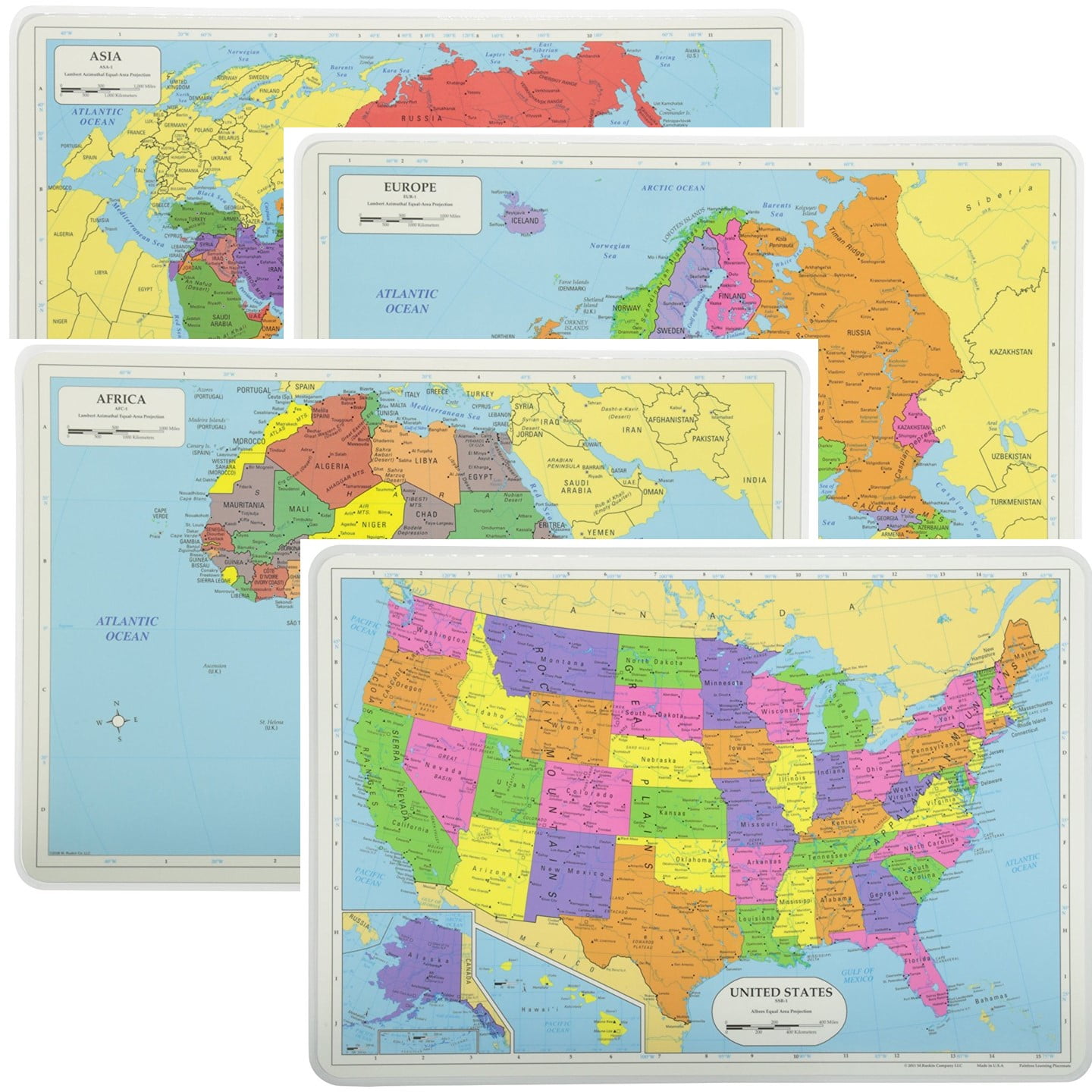 Painless Learning Educational Placemats Sets USA Africa Asia and Europe Maps Non Slip Washable