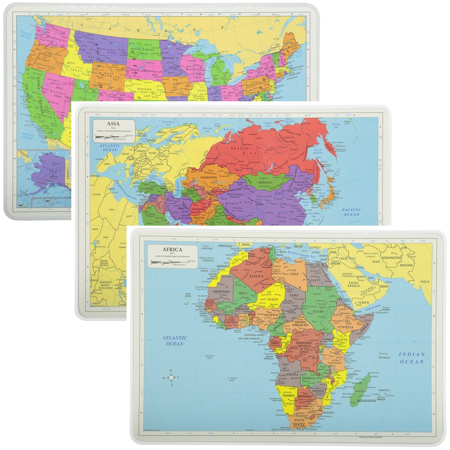 Painless Learning Educational Placemats Sets USA Africa and Asia Non Slip Washable