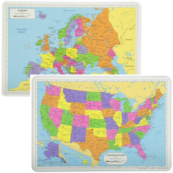 Painless Learning Educational Placemats Sets USA And Europe Maps Non Slip Washable
