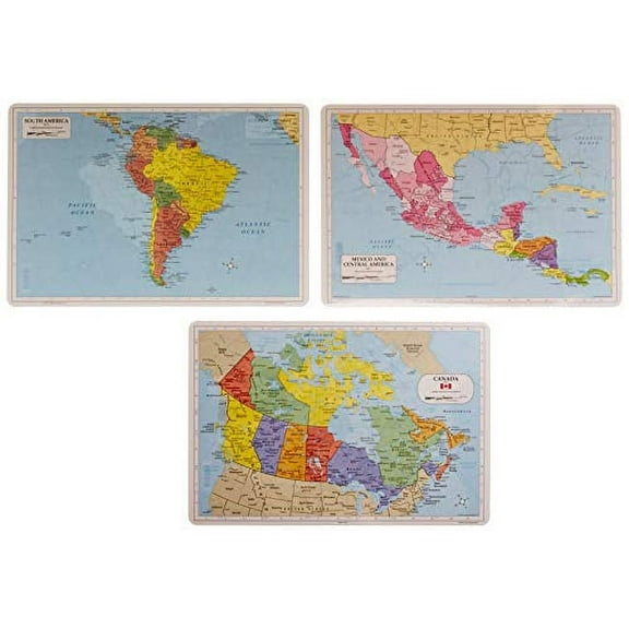 Painless Learning Educational Placemats South America Central America and Canada Maps Set Non Slip Washable