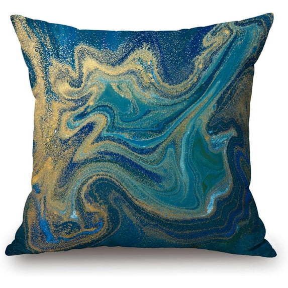 Paint Blue Green and Gold Liquid Marbling Ink Marble Abstract Pattern Aqua Nature Stone Turquoise Water Throw Pillow Case 18 x 18 Inch Decorative Cotton Linen Cushion Cover for Sofa Couch Bed