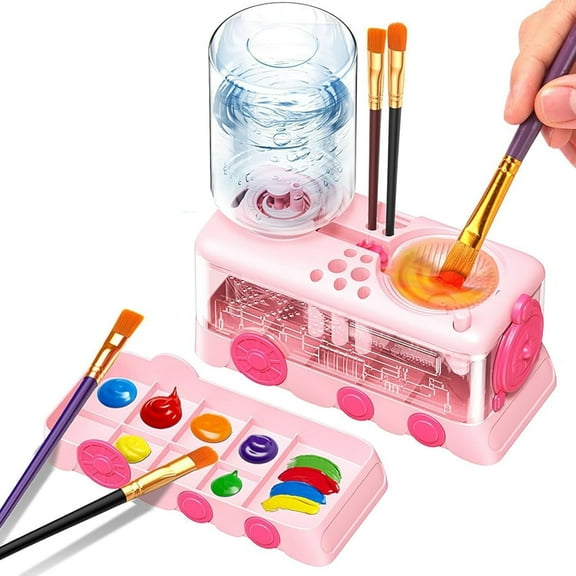 Paint Brush Cleaner, Paint Brush Cleaner Tool with Paint Tray, Water Circulation Brush Rinser with Brush Holder, Brush Cleaner Jar for Acrylic, Watercolor, Water-Based Paints - Pink