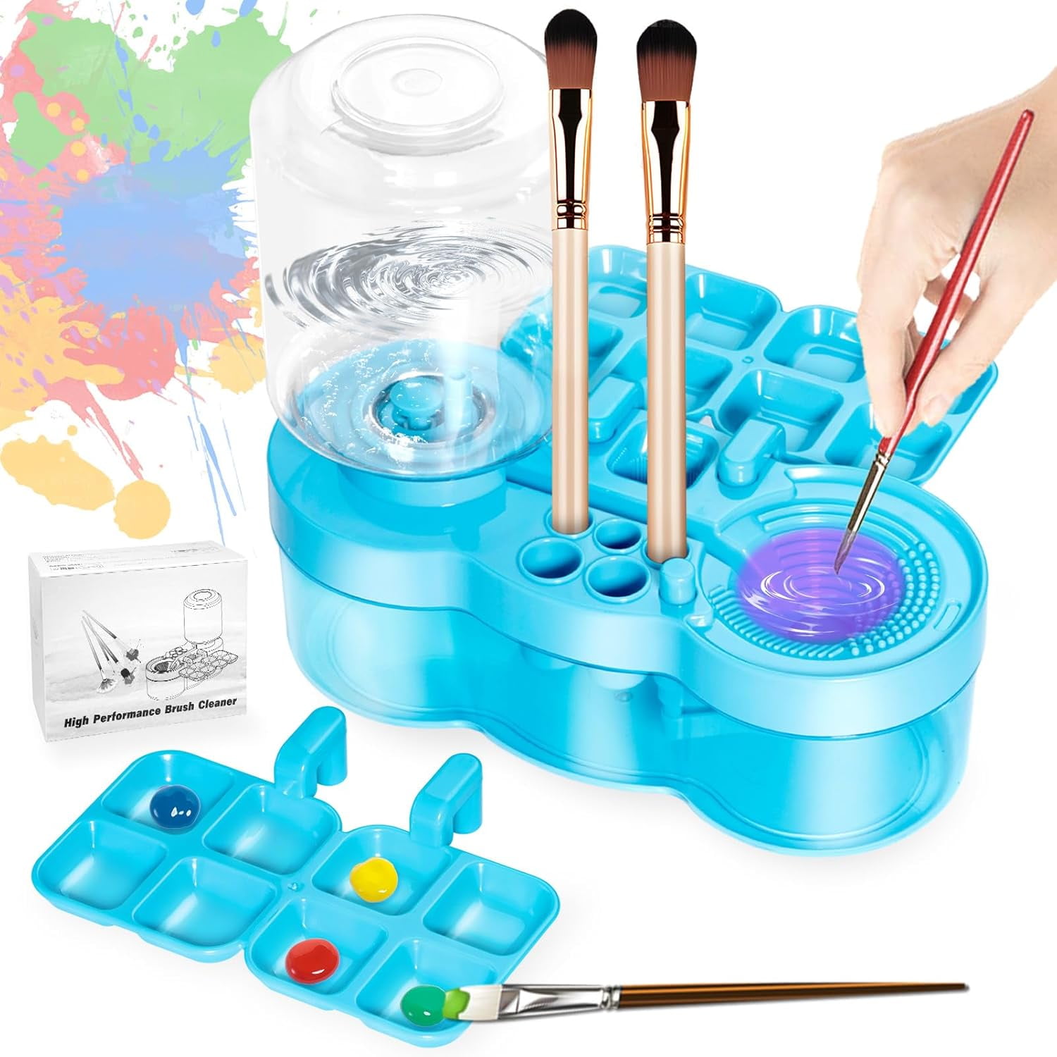 Paint Brush Cleaner with Paint Tray, Upgraded 6-in-1 Painting Supplies with Drain and Brush Holder, Water Circulation Painting Supplies for Acrylic, Watercolor, Water Based Paints