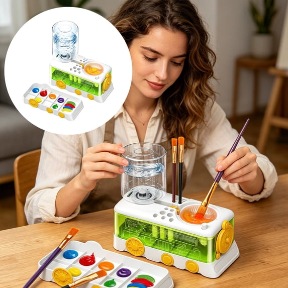 Paint Brush Cleaner - Rinsing Cup with Water Circulation - Art Brush Washer for Acrylic and Watercolor - White Green
