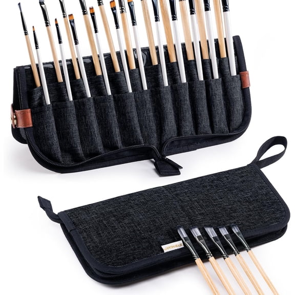 Paint Brush Holder Case for Artists with 22 Slots, Brush Organizer with Pop-Up Stand, Travel Paintbrush Storage Bag for Acrylic Oil Watercolor, Zippered Art Brush Cover (Brushes Not Included)
