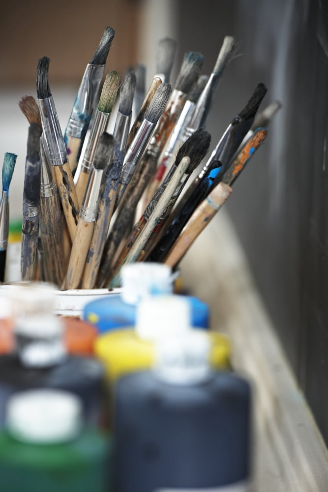 Paint Brushes And Paint Containers In A Classroom Canvas Art - Brian Summers Design Pics (12 x 18)
