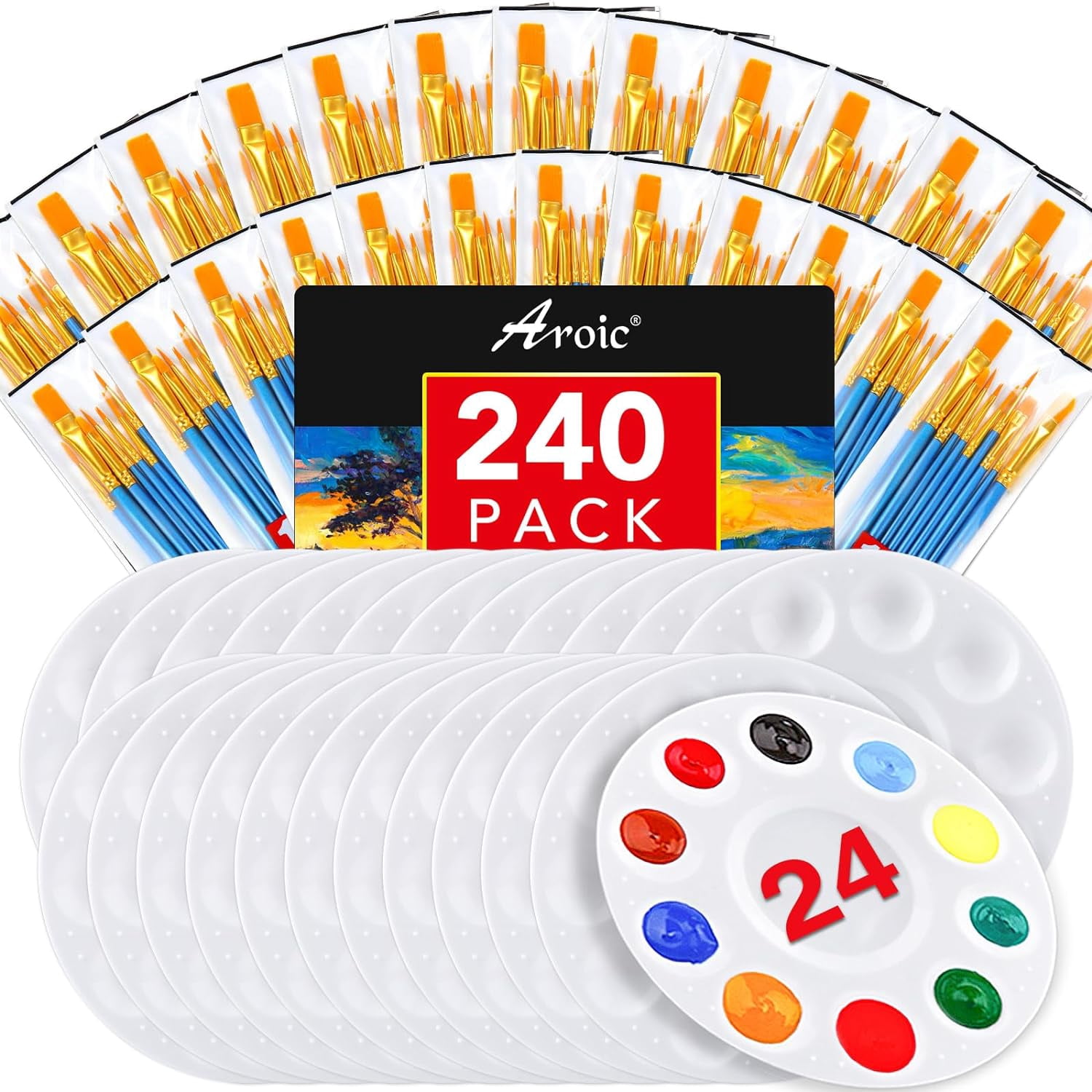 Paint Brushes Palette Set,24 Pack/240Pcs Acrylic Paint Brushes and 24 Palettes, Professional Artist Brushes, Finger and Face Painting Oil Painting Watercolor Kid's and Adult Painting Art Set.