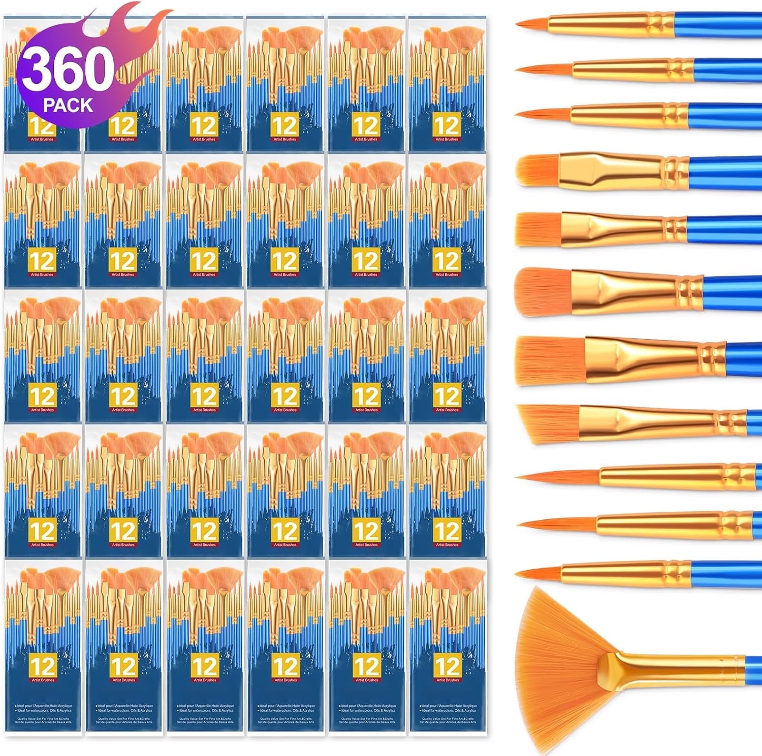 Paint Brushes Set - 30pack/360pcs Nylon Hair Paintbrushes Round-Pointed Tip Paint Brushes for Acrylic Painting,Watercolor Oil Miniature Painting Kits,Paint Brushes for Kids Adult Arts Supplies