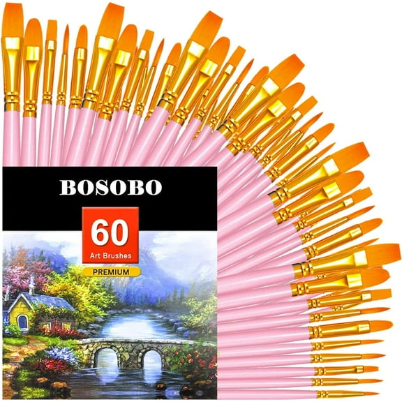 Paint Brushes Set, 6 Pack 60 Pcs Round Pointed Tip Paintbrushes Nylon Hair Artist Acrylic Paint Brushes for Acrylic Oil Watercolor, Face Nail Art, Miniature Detailing & Rock Painting, Pink