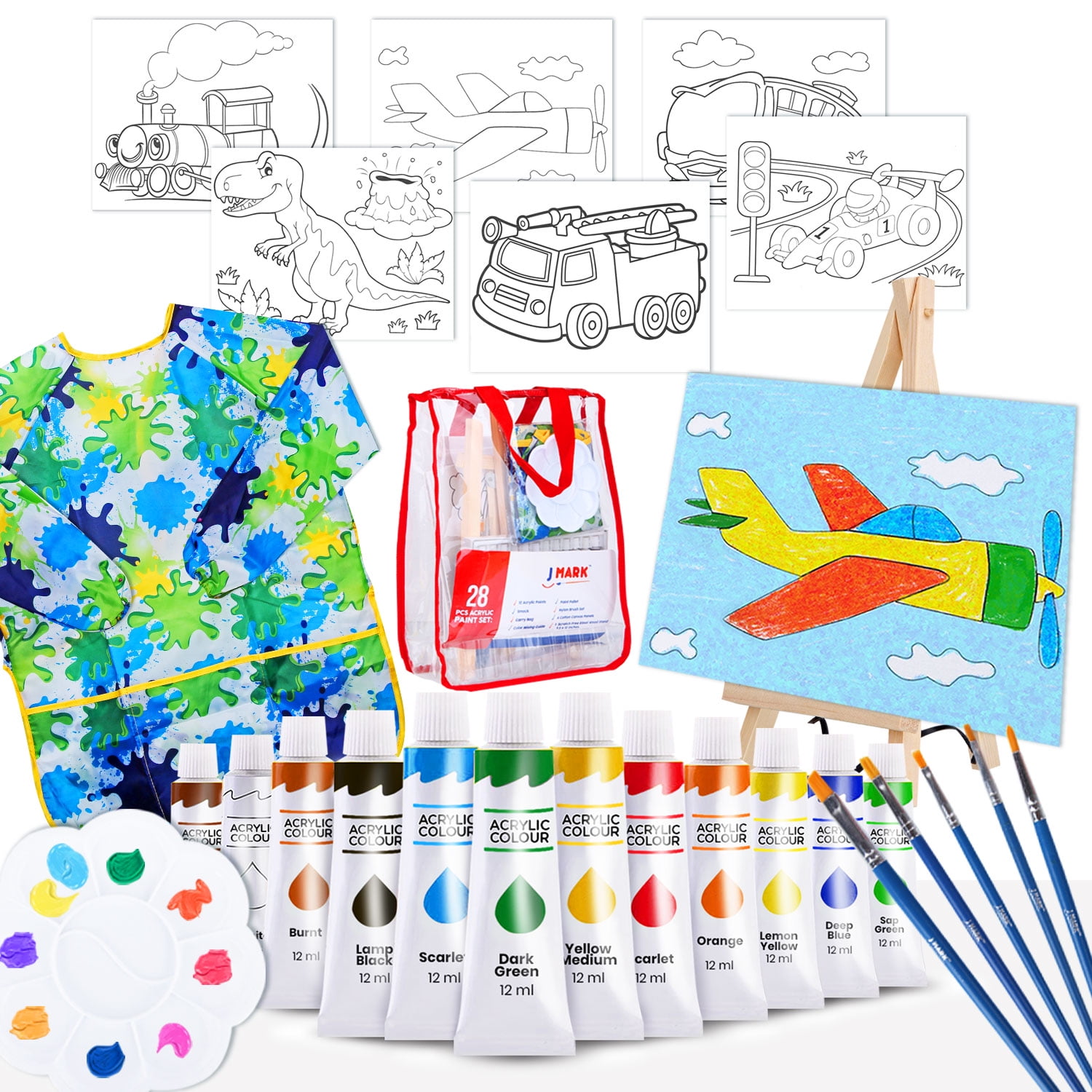 ShineZoom Kids Paint Set 49 PC Acrylic Paint Set for Kids/ Adults（ 24  Colors Acrylic Paint ,9 Brushes,8 Canvases ,2 Easels,2 Smocks and More  Complete