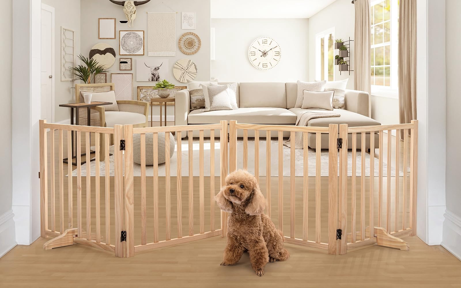Paint-Free Wooden Freestanding Dog Gates Wooden Indoor Dog Fence,Collapsible Wood Pet Gates Wood Dog Fences Indoor Pet Gate Step Over Fence for Indoor, Stairs, Doorway, Kitchen Wooden Pet Barri