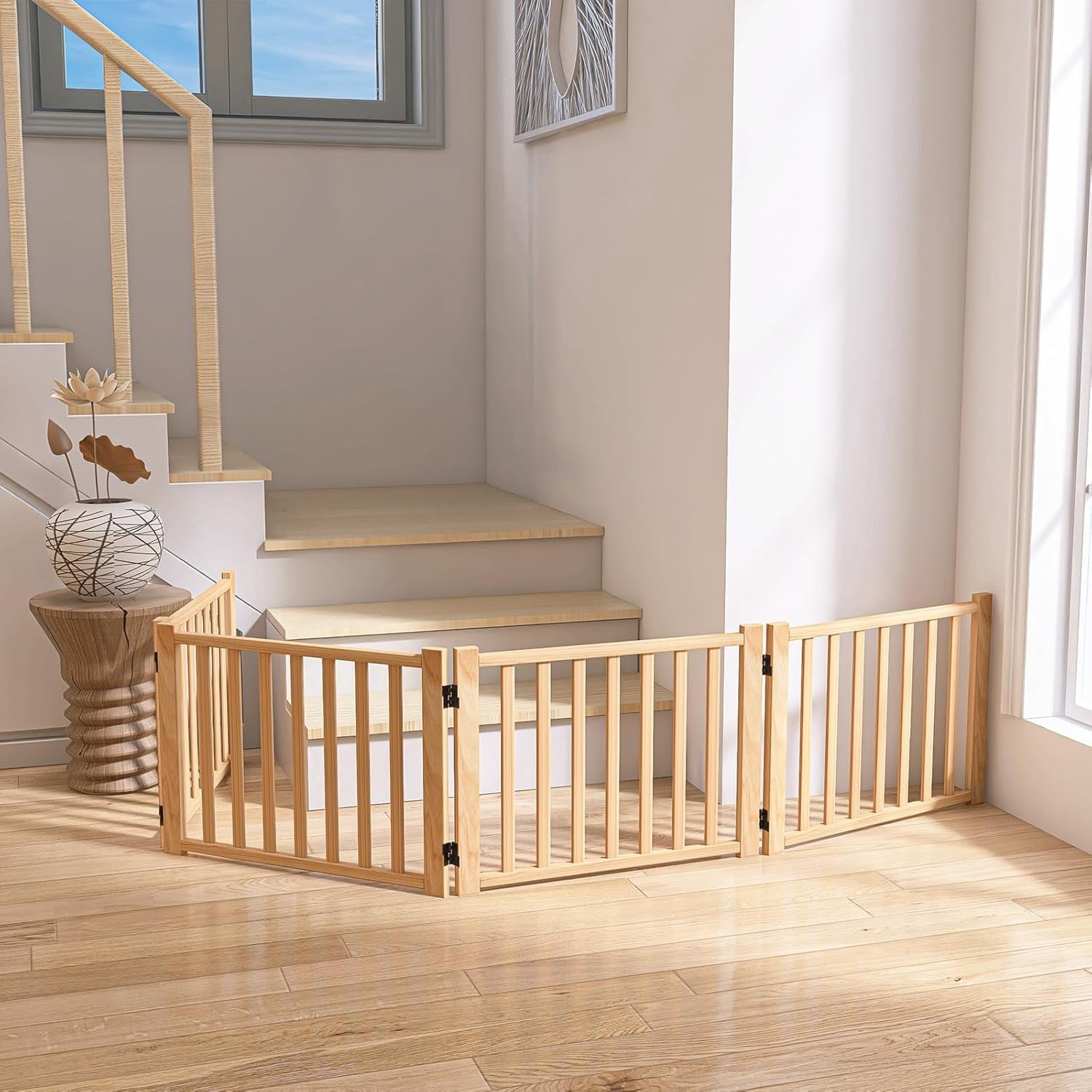 Paint-Free Wooden Freestanding Dog Gates for The House,Doorways, Stairs,Wood Dog Fences Indoor Pet Gate,Step Over Fence-4 Panel H:16.9"