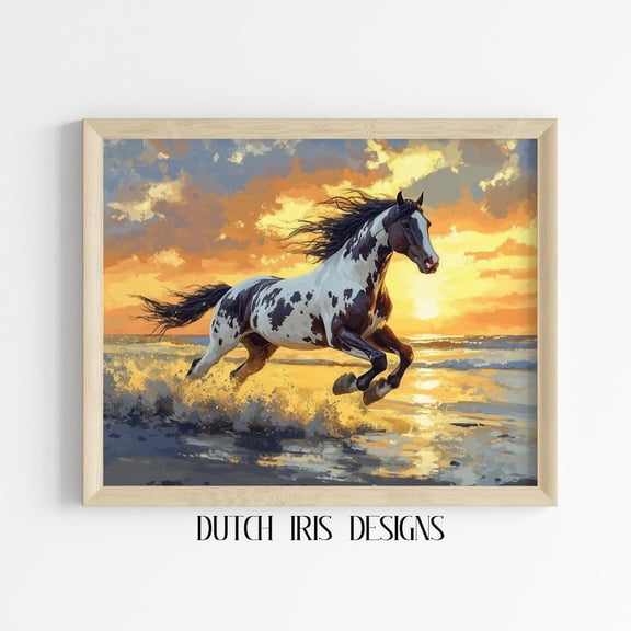 Paint Horse Galloping On Beach, Sunset Wall Art, Rustic Seascape, Majestic Horse Decor, Cottagecore Print 476 Home Decor #2050, Unframed Canvas Size 12x18