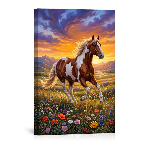 Paint Horse Wildflower Meadow Sunset Rustic Western Lover For Living Room Bedroom Canvas