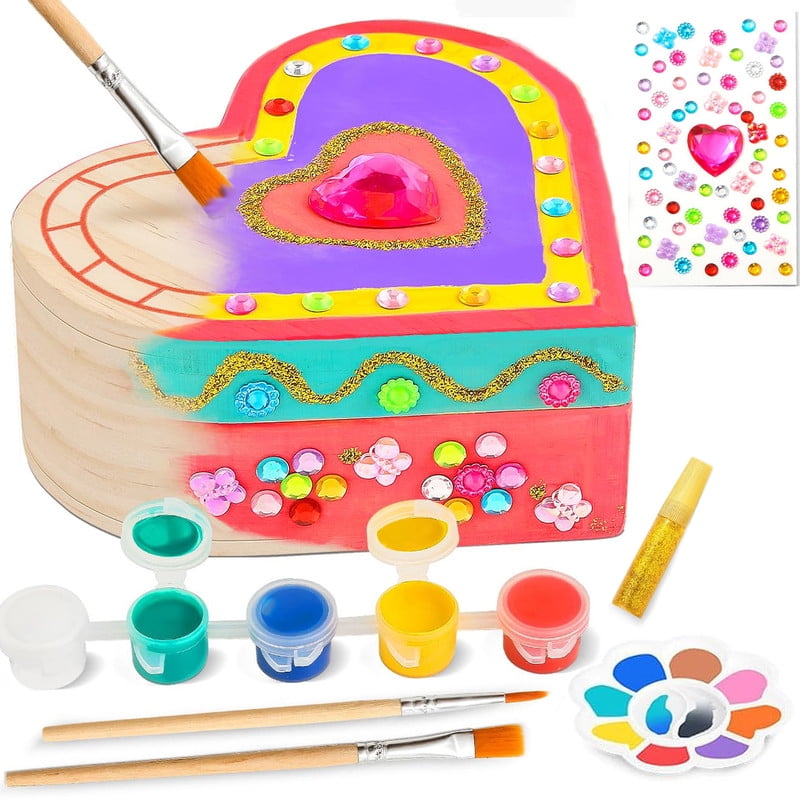 Paint Your Own Jewelry Box Wooden Heart Box, Art and Crafts Painting Kits for Kids 4-6, DIY Box Toys Painting Kits Gift, Kids Crafts Birthday Christmas Gift