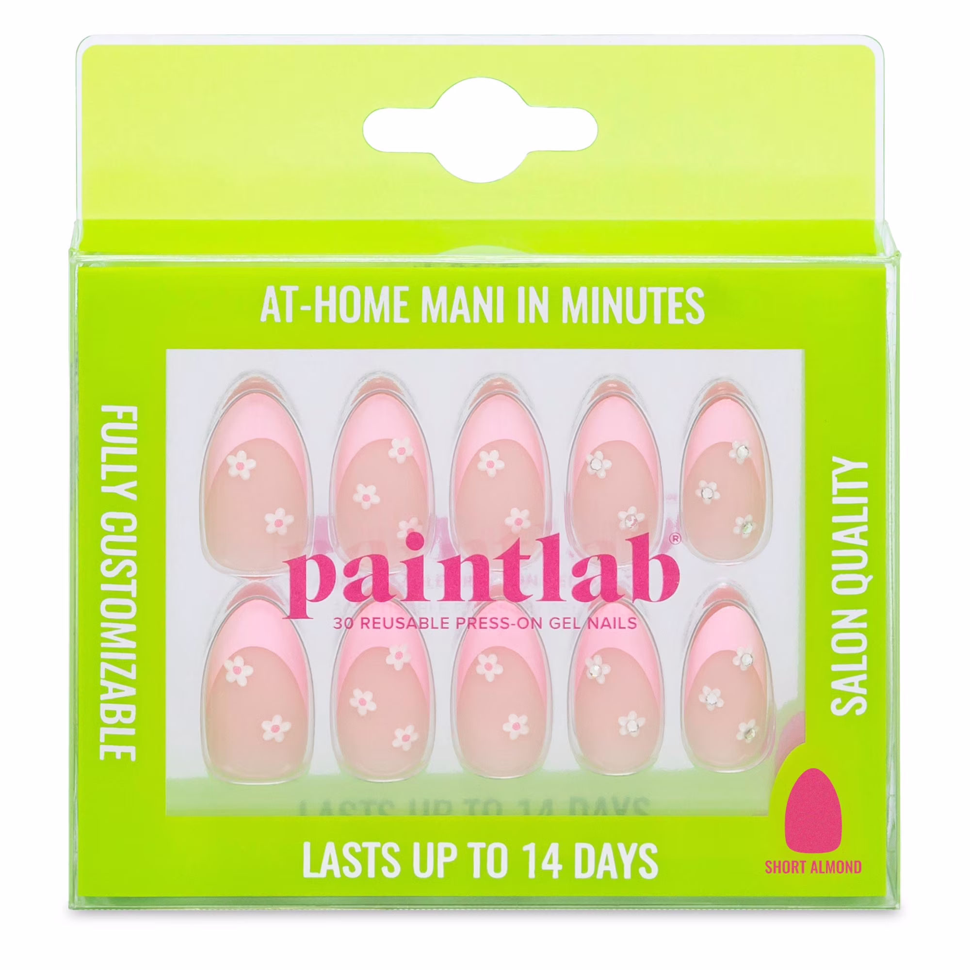 PaintLab Short Almond Press On Nails 3D, Daisy Glam, Pink, 30 Count