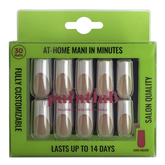 PaintLab Long Square Press On False Nails, French Chrome, White French Tip, 30 Count