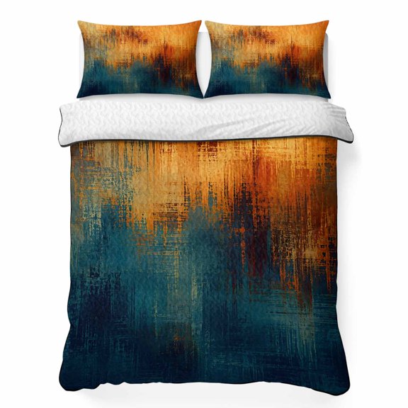 Paint Layers 3 Piece Quilt Bedding Set with 2 Pillow Shams, Abstract Orange Blue Brown Splatter Overlay Textured Lightweight Bedspread Coverlet, Soft Breathable All Season Quilt, 96 x 106 Inch