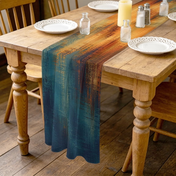 Paint Layers 4.5ft Cheesecloth Table Runner for Wedding 19"x55", Abstract Orange Blue Brown Splatter Overlay Textured Kitchen Dinner Sheer Tulle Chiffon Dresser Scarf, Holiday Party Decorations