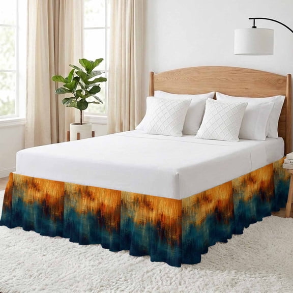 Paint Layers Bed Skirt California King Size 18 Inch Drop, Abstract Orange Blue Brown Splatter Overlay Textured Adjustable Elastic Dust Ruffles Bedskirt Wrap Around Pleated Mattress Frame Cover