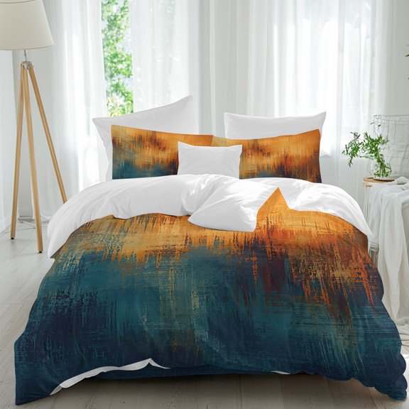 Paint Layers Comforter Set Queen Size, Abstract Orange Blue Brown Splatter Overlay Textured Soft Bedding Set for Man Woman, 4 Pieces Duvet Cover Set with Fitted Sheet, 2 Pillowcases