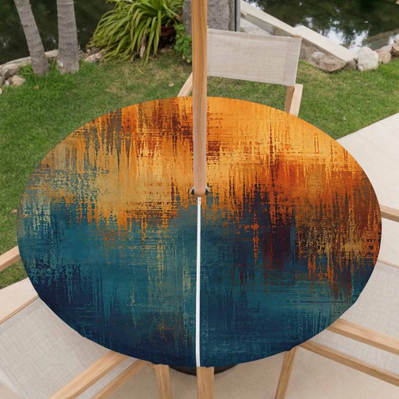 Paint Layers Outdoor Tablecloth with Umbrella Hole, Abstract Orange Blue Brown Splatter Overlay Textured Round Fitted Tablecloth Waterproof Table Cover with Zipper for Patio Garden Fits 31"-35" Table