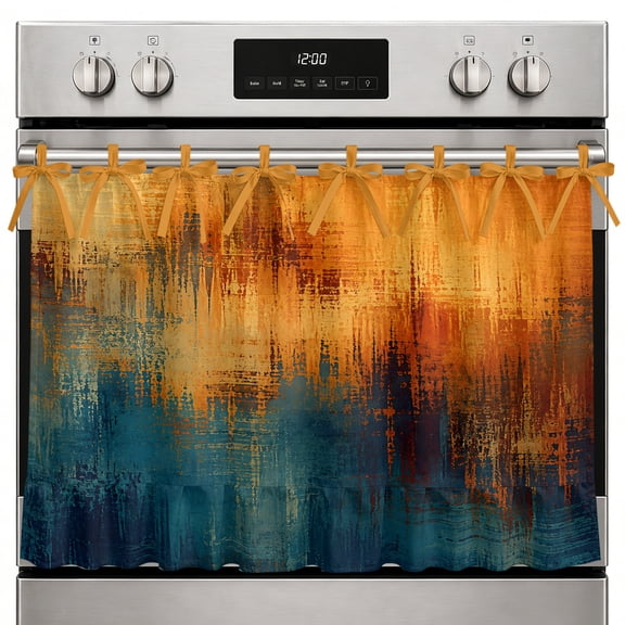 Paint Layers Oven Skirt Curtain, 27x20 Inch Abstract Orange Blue Brown Splatter Overlay Textured Kitchen Tie Top Oven Curtain for Door, Decorative Stove Skirt Dishwasher Cover With Ribbon Ties