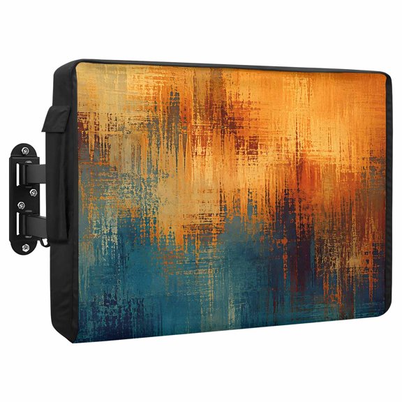 Paint Layers Waterproof Outdoor TV Cover, Abstract Orange Blue Brown Splatter Overlay Textured Outside Weatherproof TV Enclosures for 80 to 85 Inch LCD Television Shield Flat Screen Protectors