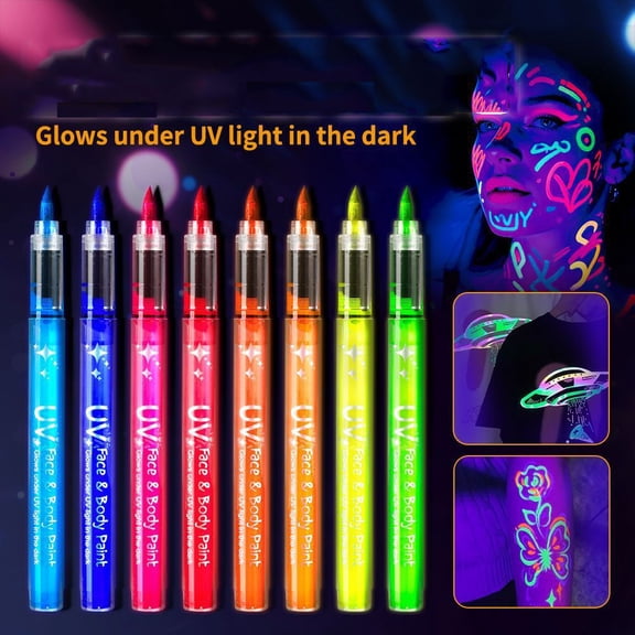 Paint Markers Glow In the Dark Party Supplies, 8 Color Washable Temporary Tattoo Markers, Skin-Safe Blacklight Tattoo Pens for Festival & Party