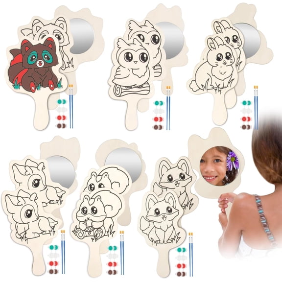 Paint Your Own Mirror Kids Party Craft Kits(12 Forest Friends Wood Mirrors w Paints)-Each Kit Has Brush, Paint, & Project-Fun, Unique Birthday Favors, Classroom School Activity Gift