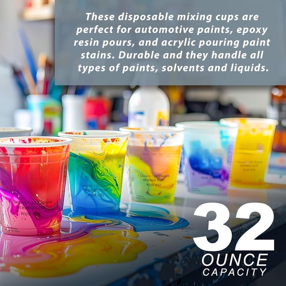 Paint Mixing Cups, 32-Ounce (Box of 100) - Plastic Measuring Cups for Liquids, Automotive Painting, Epoxy Resin, Acrylic Arts, Crafts, Disposable or Reusable, Graduated, Mixing Ratios