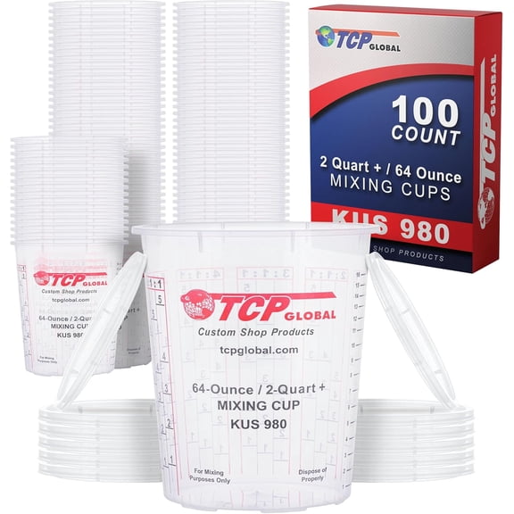 Paint Mixing Cups, 64-Ounce (Box of 100) - Plastic Measuring Cups for Liquids, Automotive Painting, Epoxy Resin, Acrylic Arts, Crafts, Disposable or Reusable, Graduated, Mixing Ratios