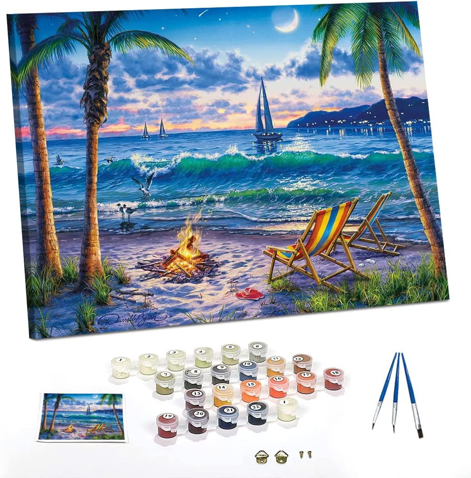 QUITEDEW Beach Paint by Number Kits, Landscape Paint by Numbers for Adults, Sunset Oil Painting by Numbers on Canvas for Home Wall Decor 16 x 20 inch