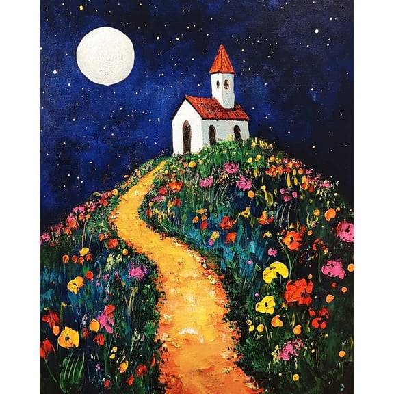Paint by Numbers for Adults Kids Beginner Moonlit Night Flower Path Chapel DIY Acrylic Painting by Numbers Kits with Brushes Acrylic Pigment Home Decoration Gifts 16 x 20 inch