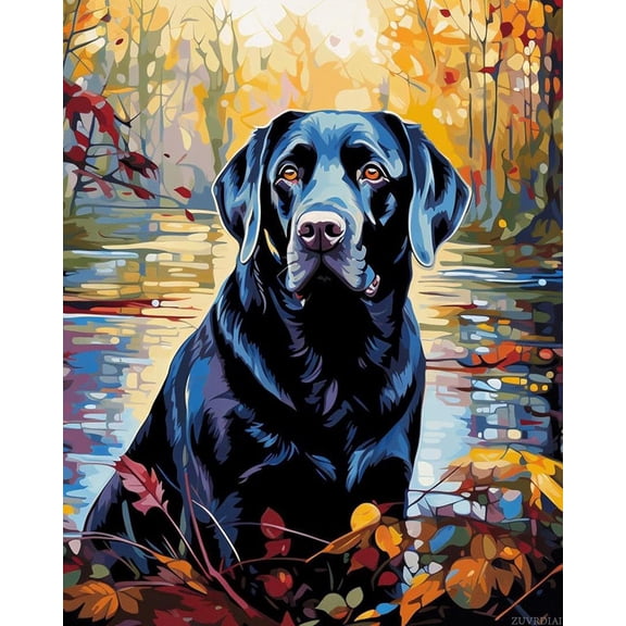 Paint by Numbers DIY Canvas Oil Painting Kit for Adults with Paint Brushes and Acrylic Paints, 16 X 20 Inch, Black Labrador Dog by The Lake,1 Color,16"x20"