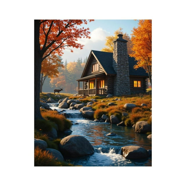 Paint by Numbers Kit for Adults, Autumn Cabin Serene Stream Scene Paint by Numbers, Easy Paint by Numbers Kit for Adults Beginner, DIY Adult Paint by Number Kits on Canvas, Home Decor 12x16in