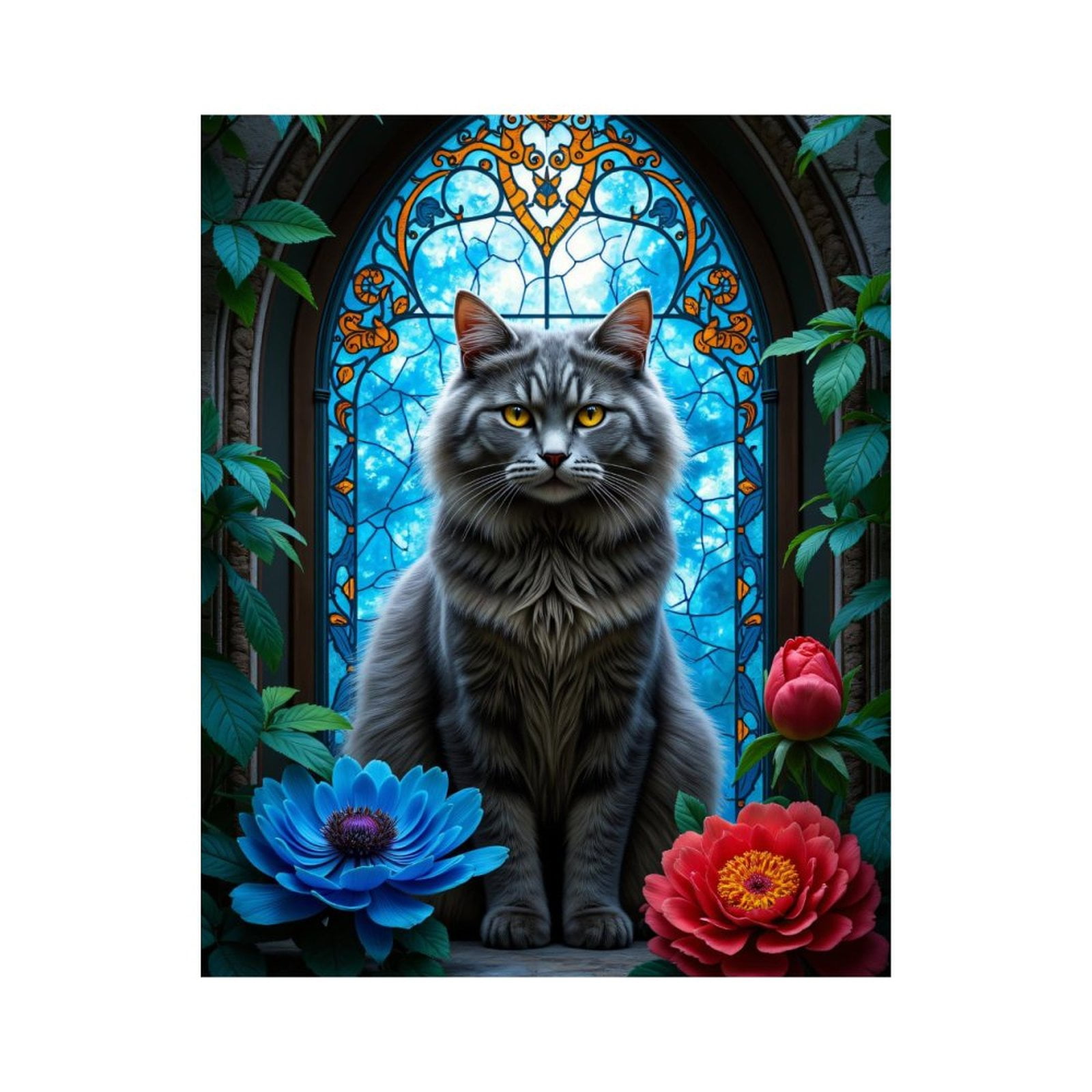 Paint By Numbers Kit for Adults Beginner - Cat Stained Glass Flowers Vibrant Scene DIY Canvas Painting Kits for Adults, Frameless Paint By Number for Adults for Home Wall Decor 16x20 Inch