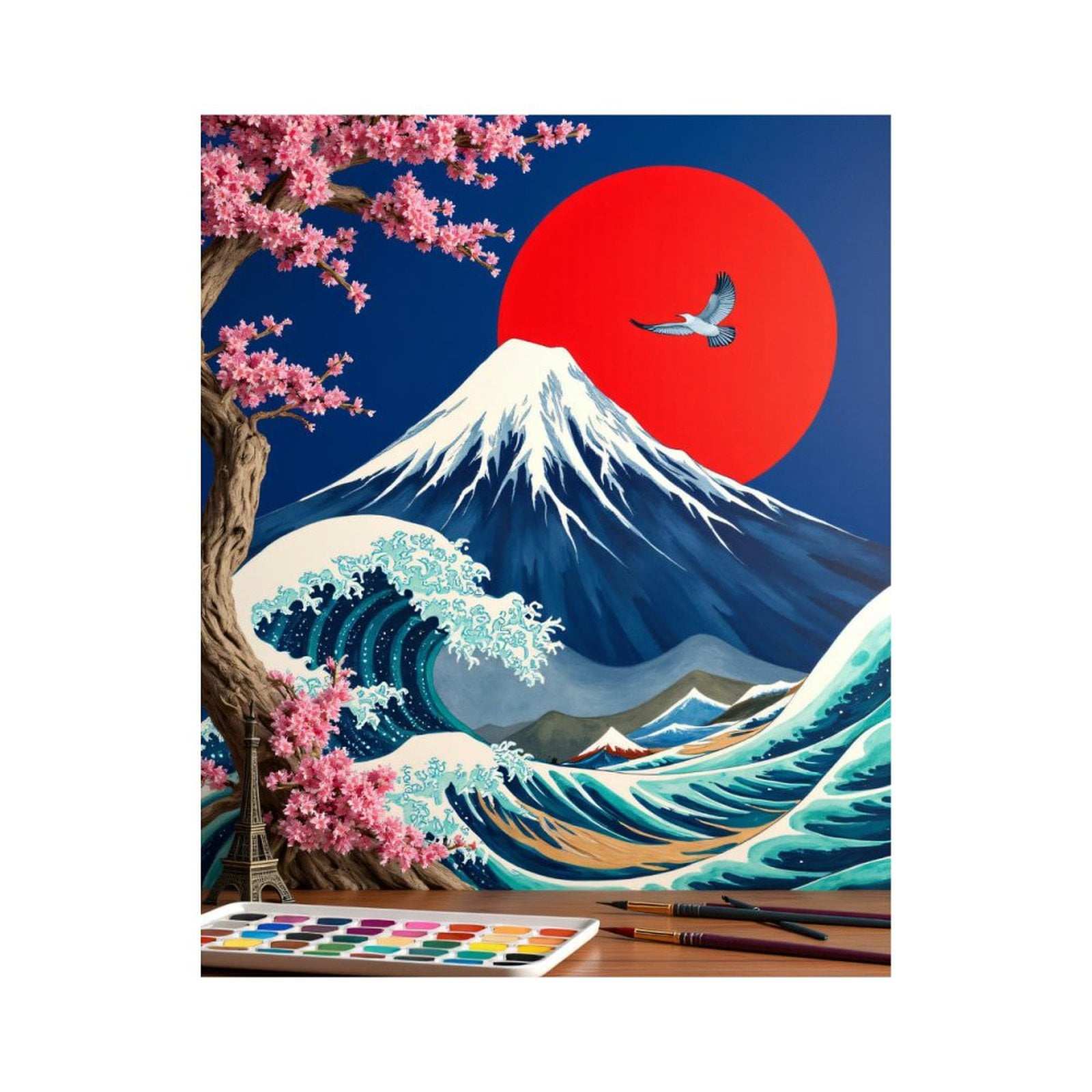 Paint By Numbers Kit for Adults Beginner - Cherry Blossom Mountain Wave Art DIY Canvas Painting Kits for Adults, Frameless Paint By Number for Adults for Home Wall Decor 16x20 Inch