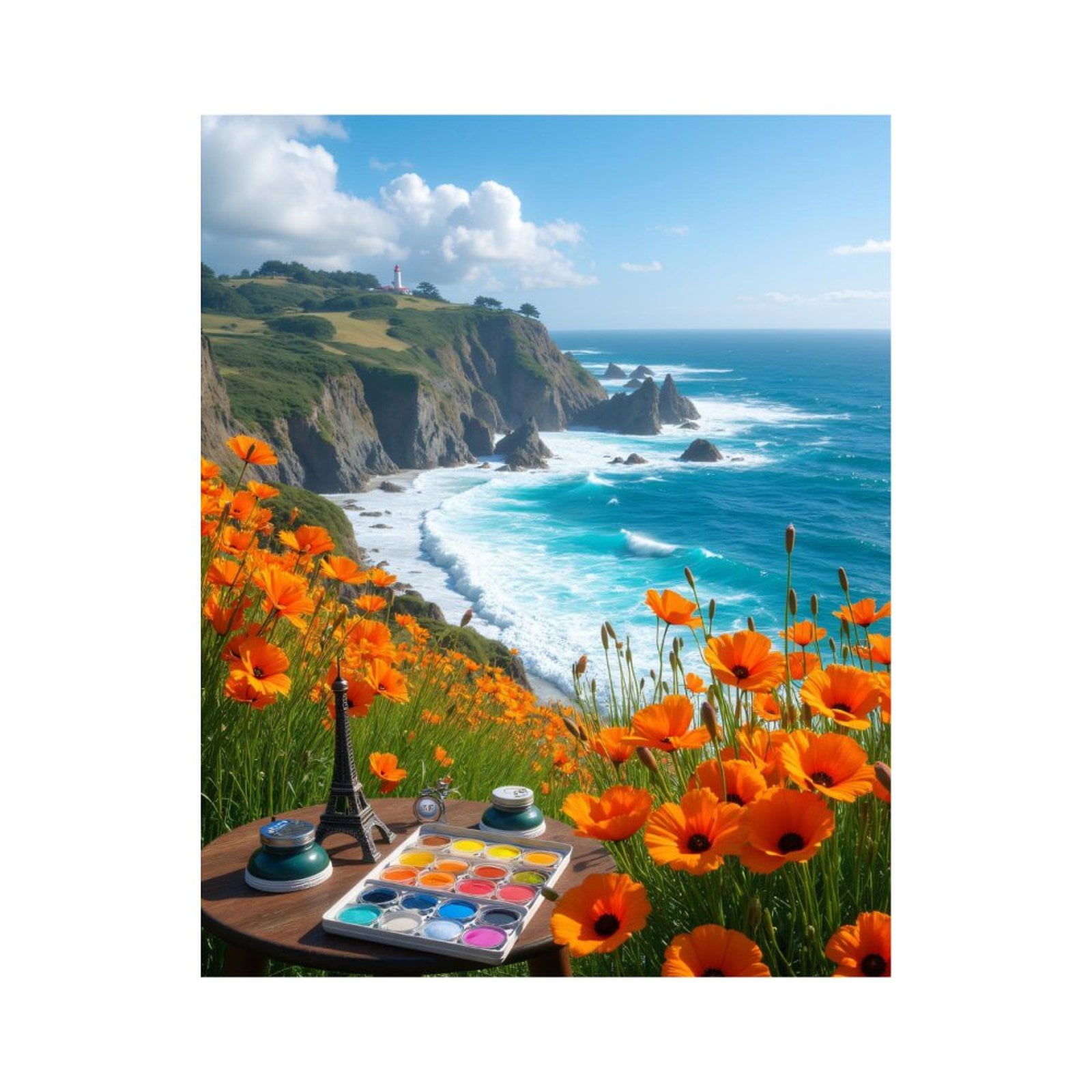 Paint By Numbers Kit for Adults Beginner - Coastal Art Supplies Poppies Cliffs Ocean DIY Canvas Painting Kits for Adults, Frameless Paint By Number for Adults for Home Wall Decor 16x20 Inch