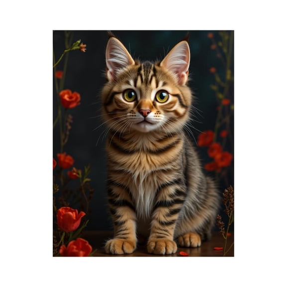 Paint By Numbers Kit for Adults Beginner - Cute Tabby Cat With Red Flowers DIY Canvas Painting Kits for Adults, Frameless Paint By Number for Adults for Home Wall Decor 16x20 Inch
