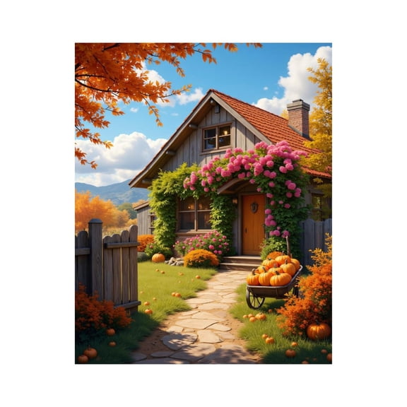 Paint By Numbers Kit for Adults Beginner - DIY Autumn Cottage with Pumpkins Pathway Canvas Painting Kits for Adults, Frameless Paint By Number for Adults for Home Wall Decor 16x20 Inch