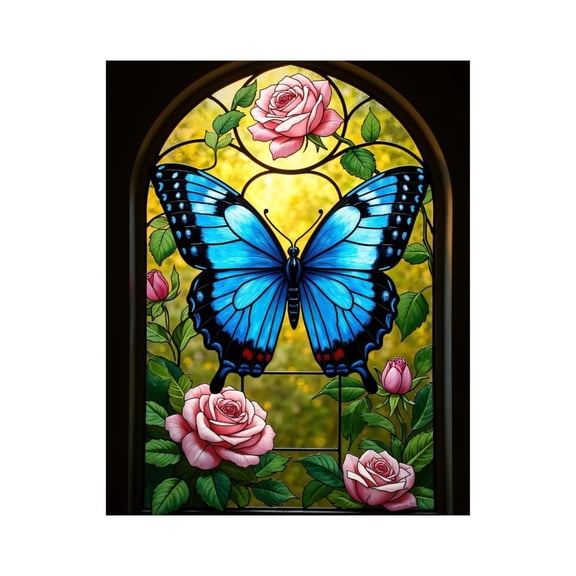 Paint By Numbers Kit for Adults Beginner - DIY Blue Butterfly Stained Glass Window Roses Canvas Painting Kits for Adults, Frameless Paint By Number for Adults for Home Wall Decor 16x20 Inch