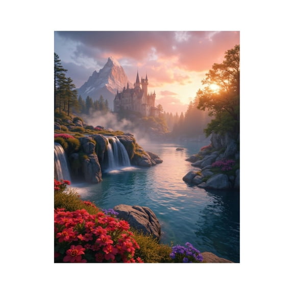 Paint By Numbers Kit for Adults Beginner - DIY Castle Sunset Over Waterfall Scene Canvas Painting Kits for Adults, Frameless Paint By Number for Adults for Home Wall Decor 16x20 Inch