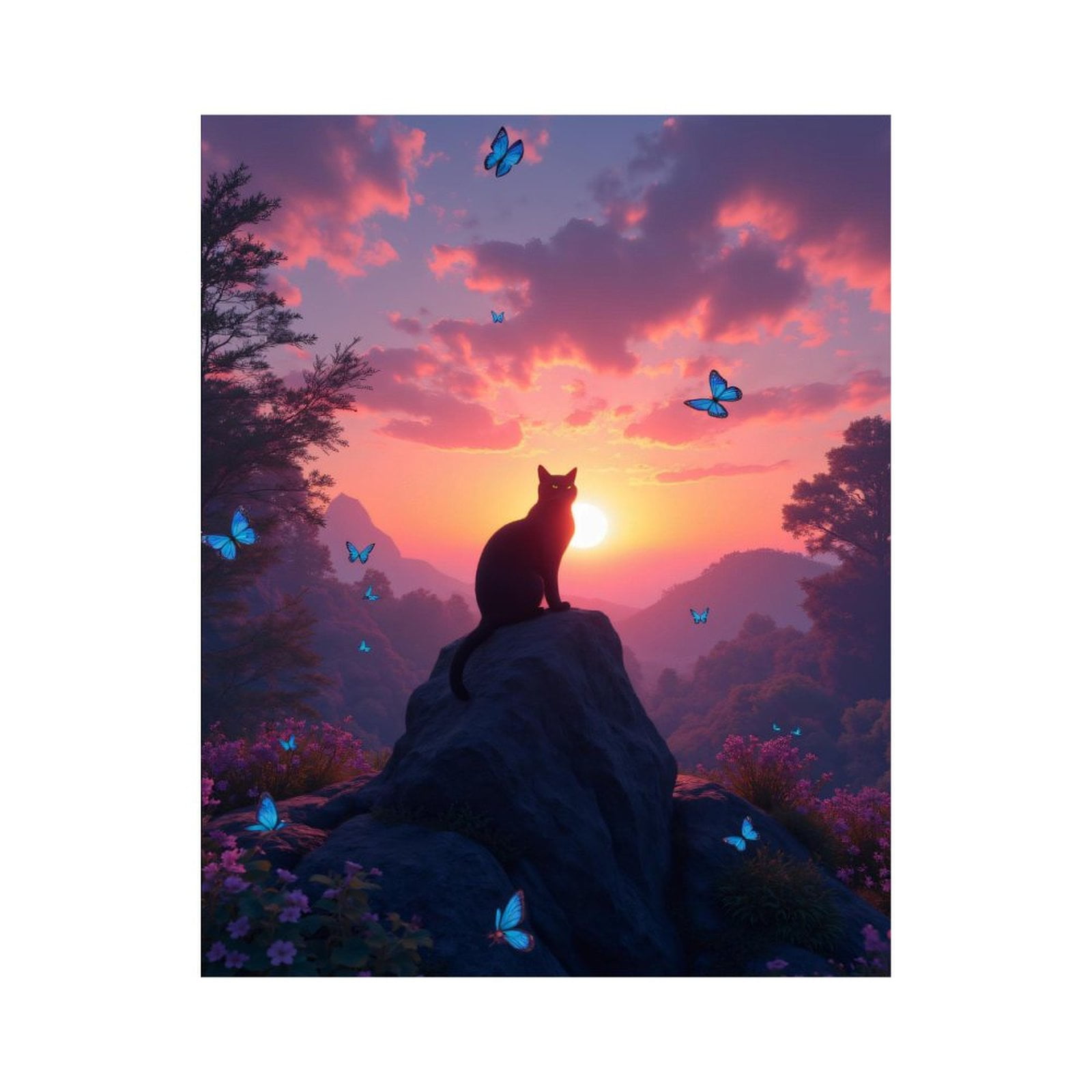 Paint By Numbers Kit for Adults Beginner - DIY Cat Sunset Rock Blue Butterflies Canvas Painting Kits for Adults, Frameless Paint By Number for Adults for Home Wall Decor 16x20 Inch