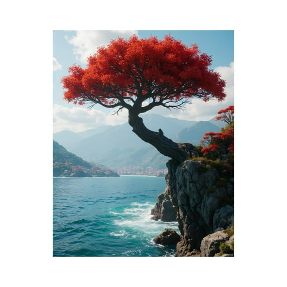 Paint By Numbers Kit for Adults Beginner - DIY Coastal Cliff Tree Red Leaves Seascape Canvas Painting Kits for Adults, Frameless Paint By Number for Adults for Home Wall Decor 16x20 Inch