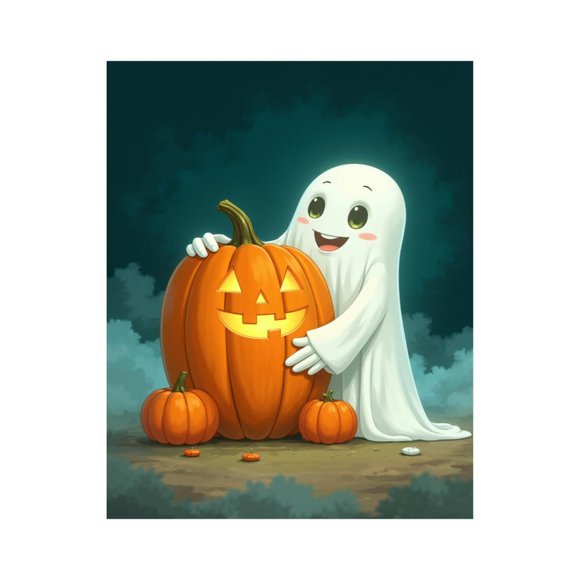 Paint By Numbers Kit for Adults Beginner - DIY Cute Ghost With Carved Pumpkin Canvas Painting Kits for Adults, Frameless Paint By Number for Adults for Home Wall Decor 16x20 Inch