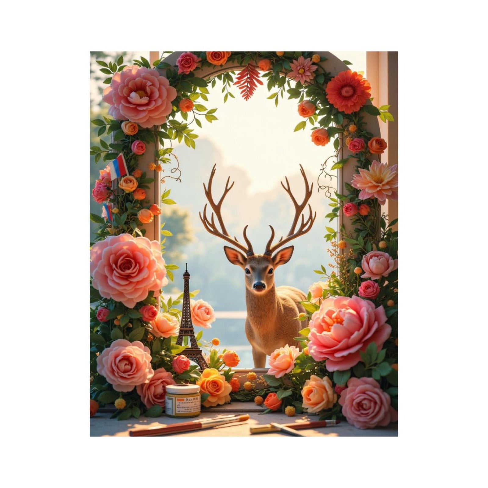 Paint By Numbers Kit for Adults Beginner - DIY Deer In Flower Frame With Miniature Tower Canvas Painting Kits for Adults, Frameless Paint By Number for Adults for Home Wall Decor 16x20 Inch