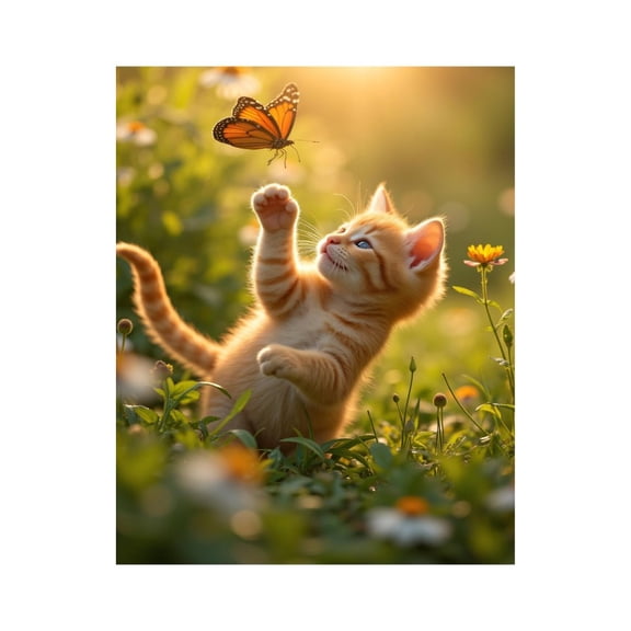 Paint By Numbers Kit for Adults Beginner - DIY Kitten Chasing Butterfly Meadow Sunlight Canvas Painting Kits for Adults, Frameless Paint By Number for Adults for Home Wall Decor 16x20 Inch