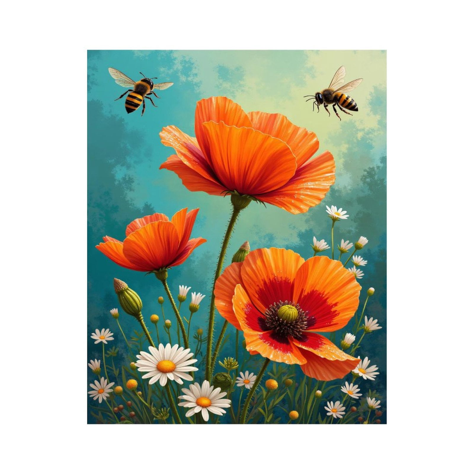 Paint By Numbers Kit for Adults Beginner - DIY Orange Poppies Bees Daisies Garden Canvas Painting Kits for Adults, Frameless Paint By Number for Adults for Home Wall Decor 16x20 Inch